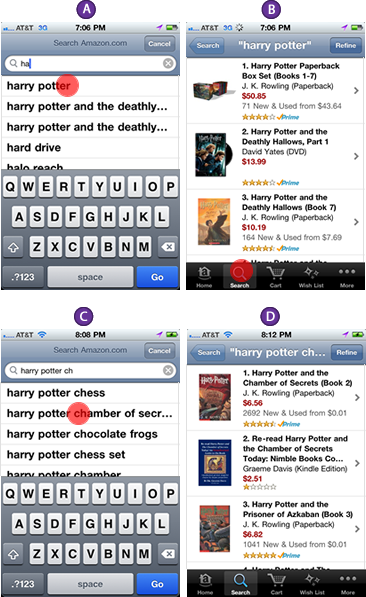 Figure 1. Multi-step auto-suggest search on Amazon iPhone app. Screenshot