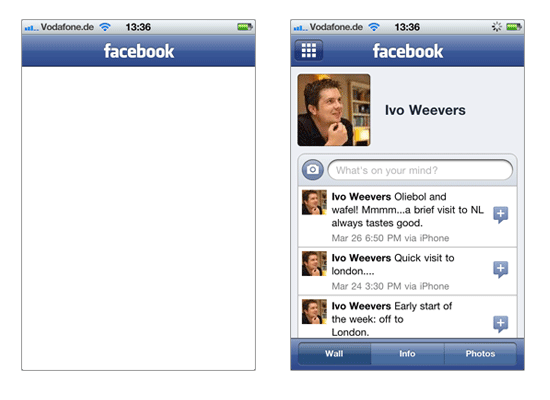 Facebook Startup loading of iPhone facebook app.